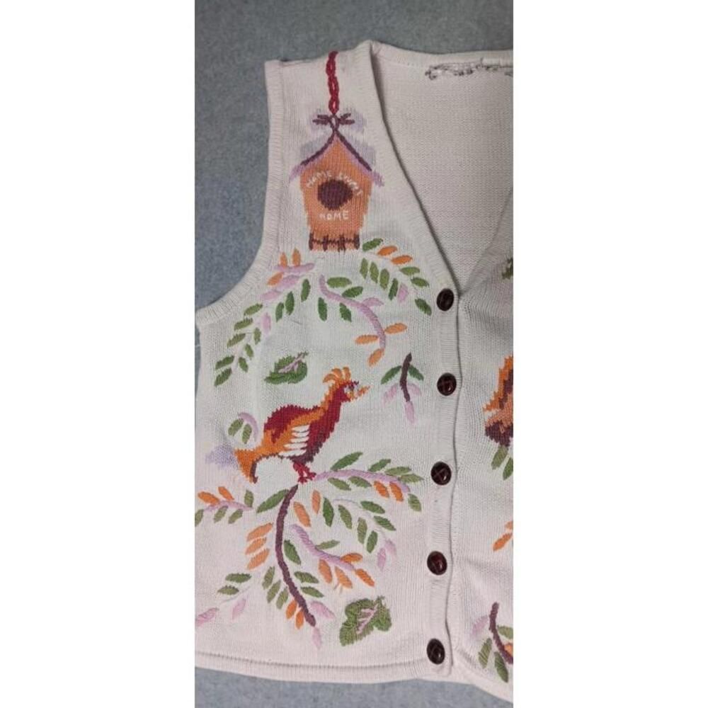 Bird Embroidered Knitted Sweater Vest Womens Size Petite Medium White Birds And - Picture 6 of 10